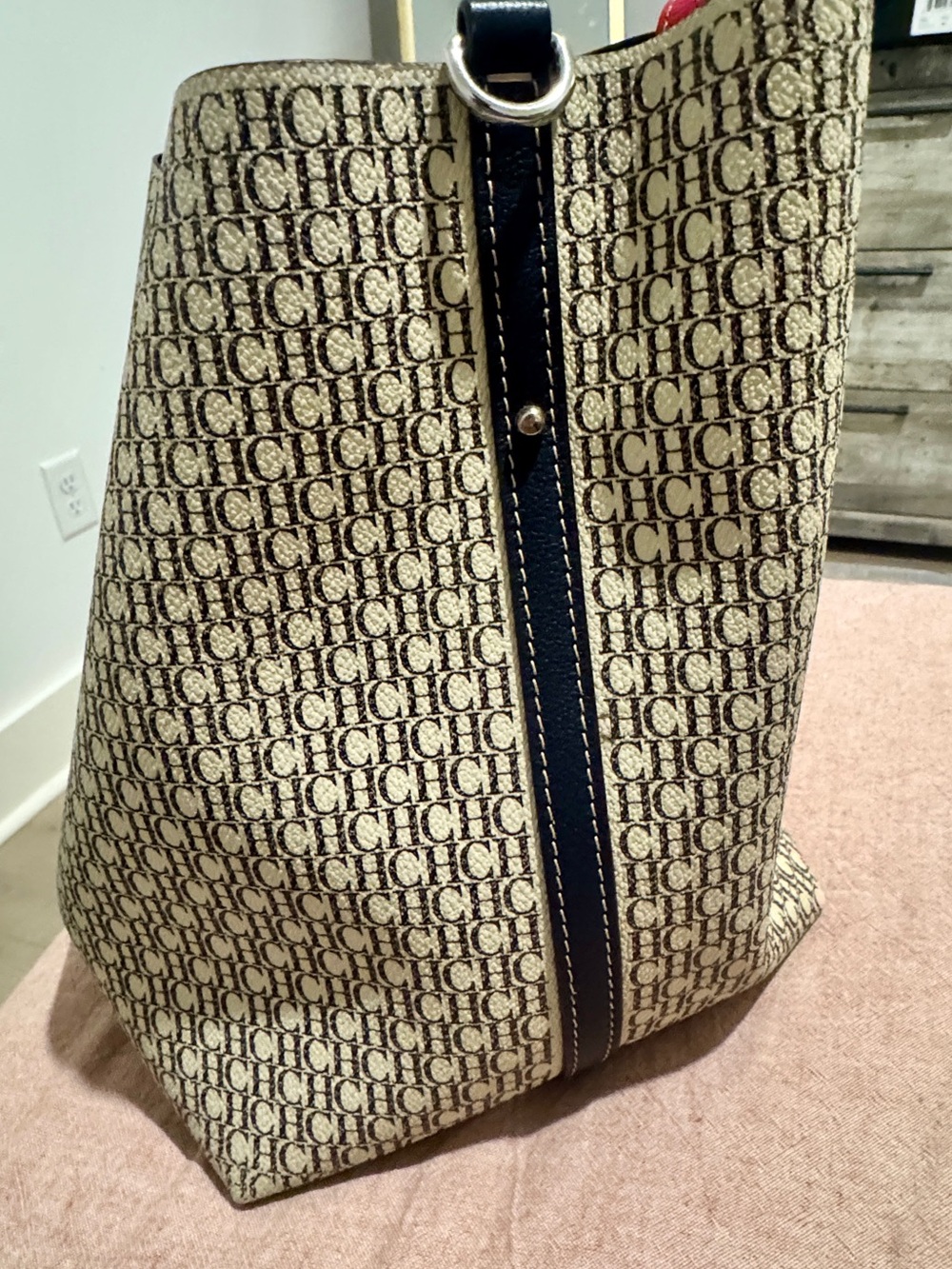 Carolina Herrera Beige Monogram Tote with Red Trim and Black Accents - Picture 2 of 7
